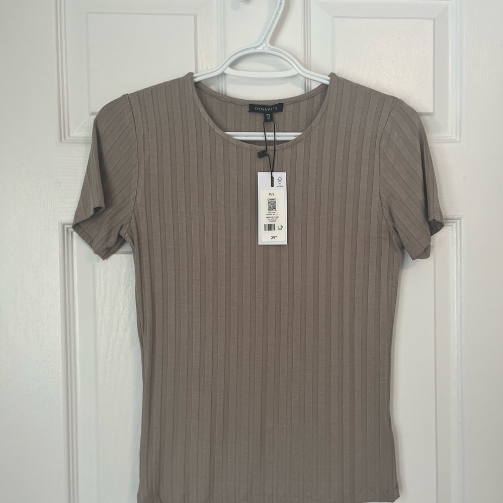 Dynamite Tan Ribbed Short Sleeve Top
